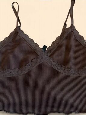 Ribbed Lace Trim Cami - Chocolate Brown
